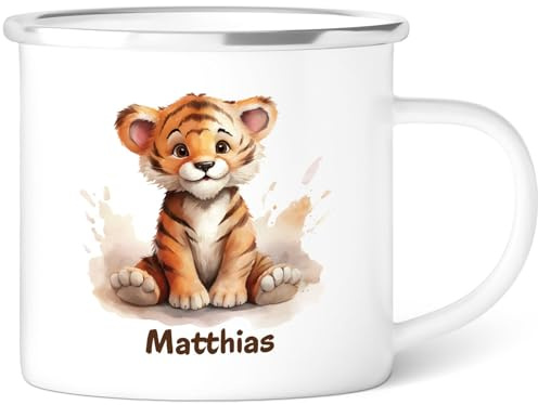 GRAVURZEILE Emaille Tasse für Kinder - Tiere Tiger - Personalisiert mit Namen - versch. Tiermotive zur Auswahl - 300 ml - Trinkbecher für Kinder - Geschenk für Jungen & Mädchen