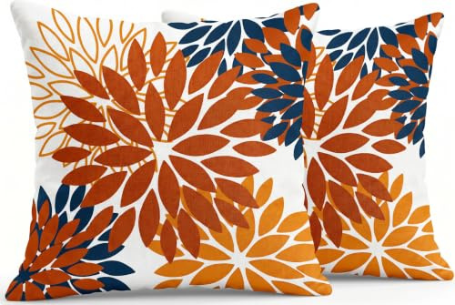 JANGYUHH 2er Set Kissenbezug 45x45 Modern Blumen Dekokissen Zweiseitiges Muster Orange Sofakissen Dahlien Outdoor Kissen Leinen Dekorative Kissenbezüge für Sofa Garten Wohnzimmer Bett