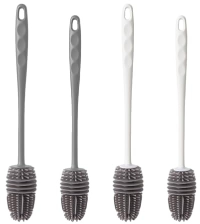 Cepillo largo de silicona para botellas de agua, adecuado para recipientes con cuello estrecho, botellas de agua, botellas de deporte, cristalería, juego de 4 piezas, 28 cm y 32 cm de longitud (gris