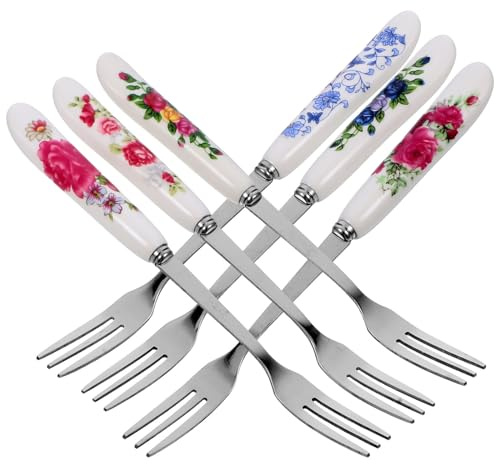 BESPORTBLE Lot de 6 Petites Fourchettes à Dessert Multifonctionnelles en Acier Inoxydable Manche en Céramique Coloré Résistantes à L'Usure pour Fruits Gâteaux et Buffets