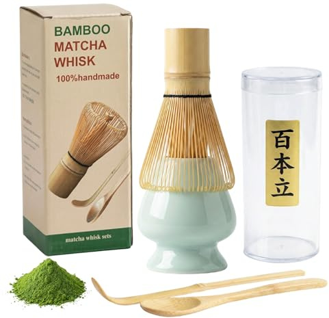PUYUKO 4 Pcs Matcha Whisk Kit, Matcha Tea Tool Set with Bamboo Whisk, Ceramic Chasen Holder, Matcha Spoon& Scoop, Matcha Starters Kit with Accessories, Manual Matcha Making Gift for Lovers