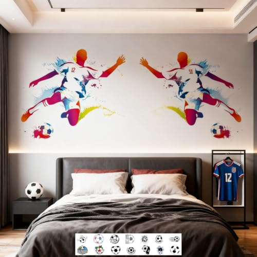 JYJLLM 22-teiliges Fußball Wandtattoo Set mit 2x Aquarell Motiv 40x50cm & 20x Stickern, Sport Deko für Wohnzimmer, Vinyl Wandsticker