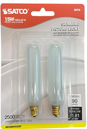 Satco S3715 120V Candelabra Base 15-Watt T6 Switchboard Bulb, Frosted, 2 Light