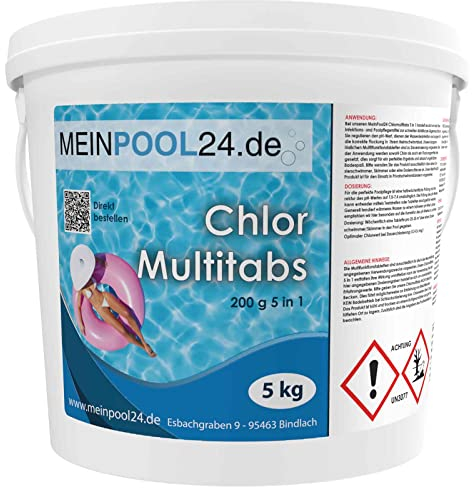 5 kg MEINPOOL24.DE Chlor Multitabs 5 in 1-200 g Tabs Multi Chlortabletten - 5 Phasenwirkung für sichere und saubere Poolpflege - hygienisches Poolwasser - Made in Europe - für kristallklares Wasser