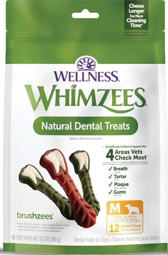 Whimzees Wellness Brushzees Dog Dental Treat, VOHC Accepted Chews, Freshens Breath, Medium Size, 12.7 oz Bag, 12 Count