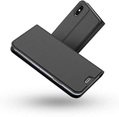 Radoo Coque iPhone XS,Coque iPhone X, Ultra Mince en Cuir PU Premium Housse à Rabat Portefeuille Coque Étui de Protection Bumper Folio à Clapet pour Apple iPhone XS/iPhone X 5.8 Pouces (Gris Noir)
