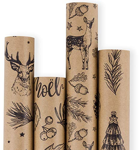 RUSPEPA Christmas Wrapping paper - Brown Kraft Paper with Black Christmas Elements Print Paper - 4 Roll-30Inch X 10Feet Per Roll