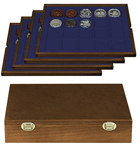 LINDNER Das Original Echtholz Münzkassette mit 4 blauen Tableaus für 80 Münzen/Münzkapseln bis Ø 47 mm