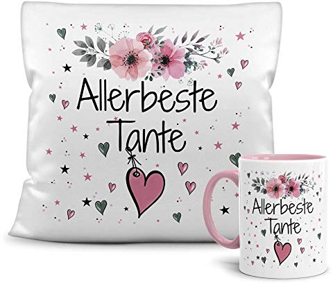 Print Royal Geschenk-Set aus Tasse und Kissen mit Füllung - Allerbeste Tante - Persönliche Geschenkidee für Beste Freunde, Verwandte und Familie - weiß/rosa
