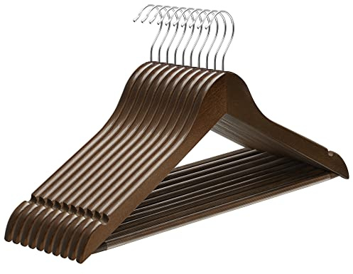 SONGMICS Percha de Madera Maciza, Juego de 10, con Ranuras para Hombros, Barra Antideslizante para Pantalones, Gancho Giratorio de 360°, para Trajes, Camisas, Abrigos, Nogal Oscuro y Plata CRW001V01