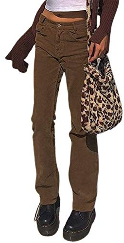 GuliriFei Pantalon en velours côtelé pour femme à jambe droite, taille mi-haut, couleur unie, style vintage, décontracté, pour l'automne et l'hiver, marron, M