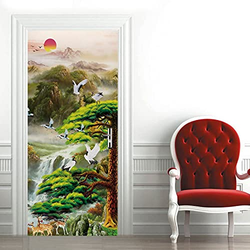 A.Monamour Türtapete Selbstklebend Türfolie Türposter 3D Chinesische Traditionelle Berg Landschafts Malerei Vinyl Folie Türdeko Tapete Wandbild Türaufkleber Türtattoo 85 x 200 cm