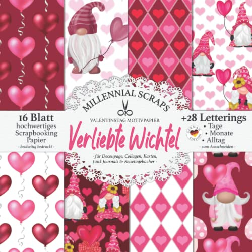 VALENTINSTAG MOTIVPAPIER Verliebte Wichtel – für Decoupage, Collagen, Karten, Junk Journals & Reisetagebücher –: DIY Papier & Zubehör zum Ausschneiden I Mit Letterings I Basteln, Journal Deko & Inspo
