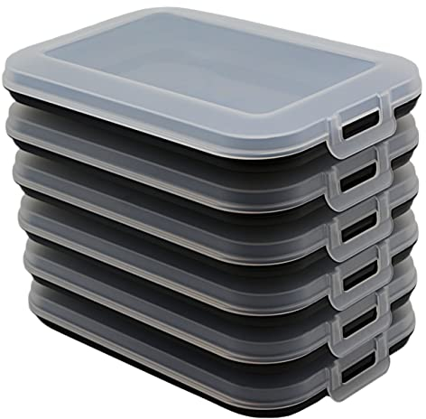 Engelland 6er Set Aufschnitt-Dosen mit integrierter Servierplatte, Frischhaltedose, Aufbewahrungsbox, Lebensmittelbehälter, Aufschnitt-Box, stapelbar, BPA-frei, Küchenbedarf, Kunststoff, Schwarz