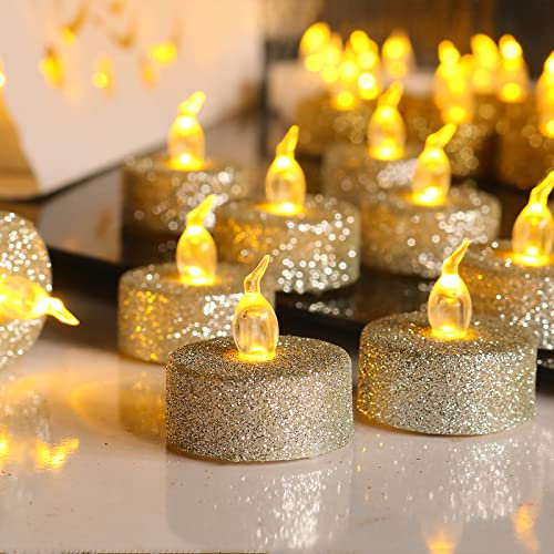 ZYLLZY Lot de 12 bougies chauffe-plat LED sans flamme réalistes à paillettes dorées, 100 heures, alimentées par piles pour fête, mariage, Pâques, décoration d'intérieur