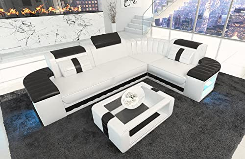 Sofa Bergamo Leder L Form Ecksofa Ledersofa mit Beleuchtung Couch mit Kopfstützen (Ecke rechts, Weiß-Schwarz)