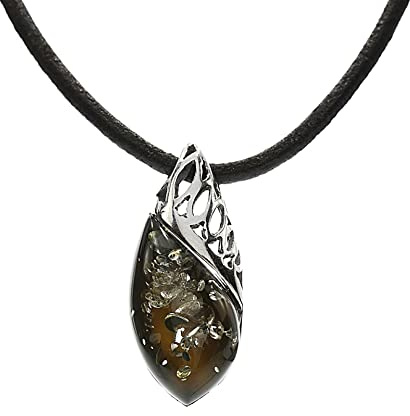 Artisana-Schmuck Bernstein Anhänger mit Lederband, grüner Anhänger aus Bernstein und 925/000 Sterling Silber