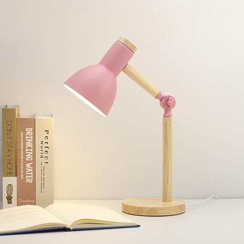 EHOTER Klassische Schreibtischlampe LED Leselampe Holz E27 Tischlampe Verstellbar Arbeitsleuchte Vintage Nordische Modern Bürolampe Nachttischlampe für Schlafzimmer Wohnzimmer Energiesparend (Rosa)