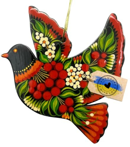 Taube Christbaumschmuck oder Vogel Osterdeko Fenster zum Aufhängen aus Holz bunt handbemalt mit Petrykiwka-Malerei, Ukrainische Volkskunst