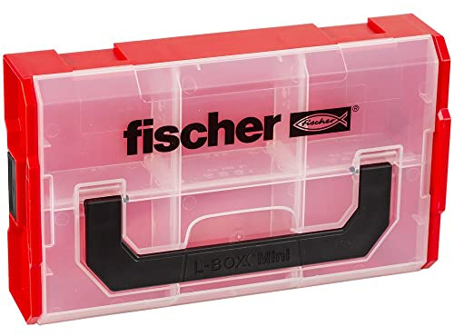 fischer FIXtainer, Sortierbox für Kleinteile, universelle Aufbewahrungs-Box für Dübel, Schrauben & Muttern, stapelbare Werkzeugkiste mit Tragegriff & Klicksystem, Dübelbox, Rot (Packung mit 2)
