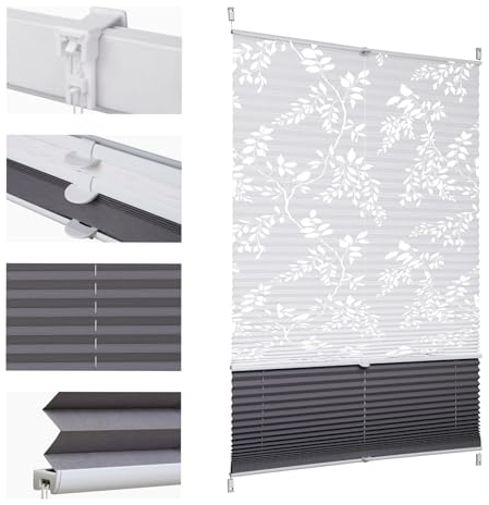 Sekey Plissee Doppelplissee Day+Night Verdunkelung ohne Bohren verspannt Lichtschutz Klemmfix Lichtdurchlässig Ausbrenner-Muster 70x120cm Druck & Grau