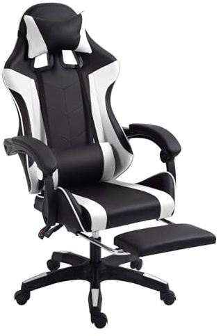 Gaming Chair Ergonomic Computer Chair Office Chair Desk Swivel Chair Adjustable Reclining Footrest Cushion White/Black New!
