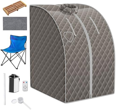 RELAX4LIFE Portable Steam Sauna, Folding Full Body Steamer Tent with Remote Control, Folding Chair, Foot Massage Roller, 9-Level Temperature & Timer, Personal Spa Box for Detoxify Slimming (Grey)