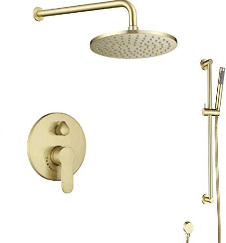 DSeenLeap Klassische Dusche, Wandmontage, verdecktes Badezimmer-Messing, rund, 8-12 Zoll, gebürstetes Gold, Regendusche, Wasserhahn mit Gleitstange, Luxus-Duschset, 8 Zoll (10 Zoll)