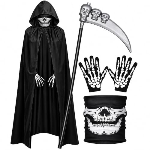 ZZQVIP Disfraz Halloween Hombre Completo – Disfraz de Muerte con Capa Negra con Capucha, Máscara de Calavera, Guantes de Esqueleto y Guadaña Ajustable – Grim Reaper Costume para Adultos