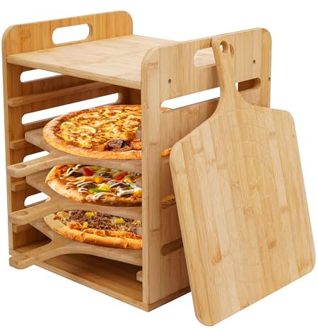 lesolar Pizza Peel Rack 12 inch x 4 Pizza Cutting Board with Handle,Pizza Paddle Wood with Grooves,Non-Stick Bamboo Pizza Boards Set for Easy Storage and Baking Multiple Pizzas and Bread