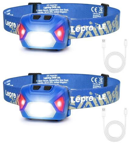Lepro Lampe Frontale LED Rechargeable Puissante, D500 Torche Frontale LED USB 2000lux Lumière Blanche et Rouge 6 Modes d'Éclairage IPX6 pour Cyclisme, Camping, Randonnée, Bricolage, Bleu - 2 Pcs