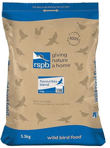 RSPB - Wild Bird Food for Small Birds, High Energy Food, Wild Bird Seed Mix with Sunflower Hearts and Dried Mealworms, Made in the UK (Favourites Blend) (5.5kg)