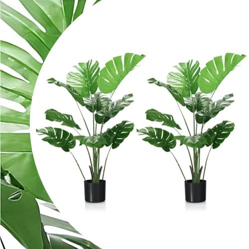 SPOTRAVEL 120CM Artificial Monstera Deliciosa Plant, Evergreen Fake Swiss Cheese Plants in Pot with Cement and Moss, Indoor Outdoor Faux Houseplant Tree for Home Office Decoration (2)