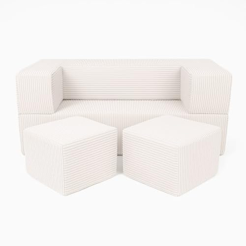 MEOWBABY Kindersofa – Spielsofa für Kinder – Weiche Klappsofa mit Schlaffunktion – Kuschelecke für Kinderzimmer, Cord, Ecru