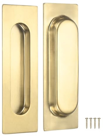 M METERXITY 2-Pack Recessed Finger Pulls, 4.72 Inch Inner Circle 304 Stainless Steel Sliding Closet Door Handles for Barn Door, Rectangular Flush Pulls Handles [Gold Tone]