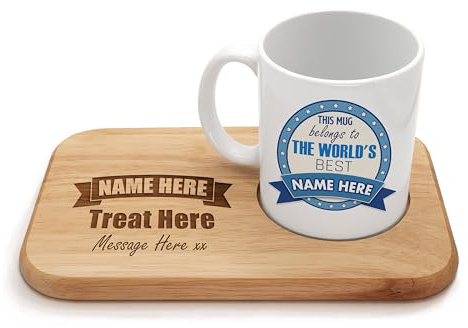 Personalised Tea & Biscuit Board Tray with 11oz Ceramic Mug. Add any Treat and Bottom Message to the Board. Blue - Worlds Best...Add-Any-Name