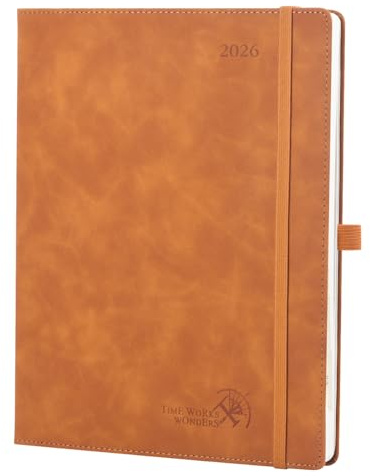 POPRUN Kalender 2026 Buchkalender Softcover mit PU-Leder, ca. A4 (26,5 x 21,5 cm) - Terminplaner, Wochenplaner Notizbuch (Jan.2026-Dez.2026) mit 100 GSM Papier - Braun