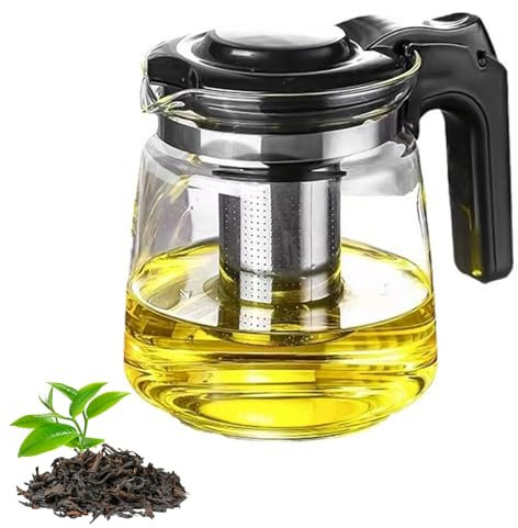 Teekanne aus Glas mit Siebaufsatz, 1600ml Hitzebeständige Glaskanne mit Deckel, Edelstahl Sieb, Feiner Filter, Griff
