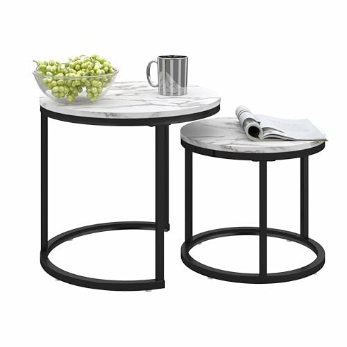 Ginhow Tavolino Salotto Rotondo, Set di 2 Tavolino Soggiorno Moderno, Gamba in Metallo Nero, Adatto per Soggiorno, Caffetteria, Lounge 50x45cm +40x35cm (Bianco+Nero)