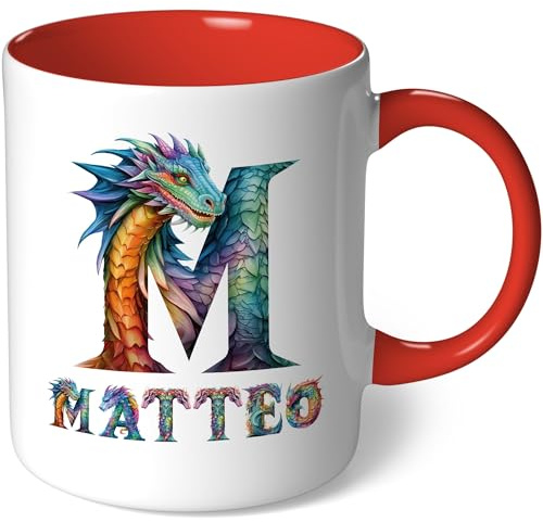 Personalisierte Tasse mit Namen - Motiv Drachen - Geschenk Kaffeetasse Namenstasse selbst gestalten personalisieren bedrucken Geburtstag Becher Teetasse Kaffeebecher (Weiß - Rot Bild23)