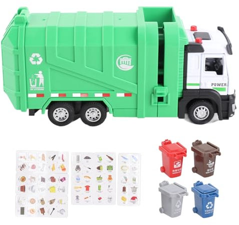 CHEOTIME Camión de saneamiento, Modelo de vehículo de Juguete de aleación con 4 Botes de Basura y Pegatinas Camiones de Juego con batería para niños Juguete Educativo