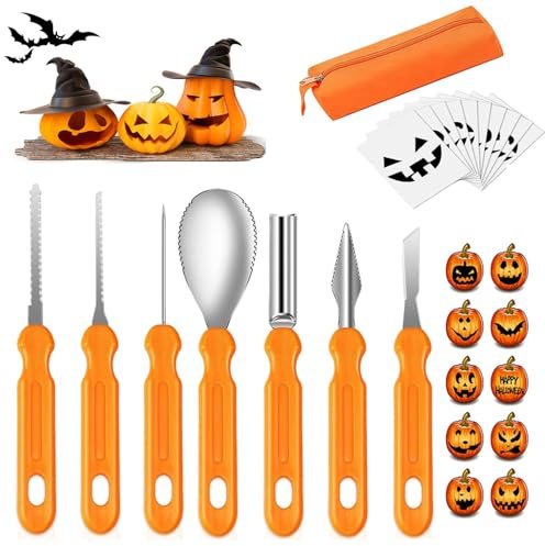 Halloween Kürbis Schnitzset, 7 Stück DIY Halloween Kürbis Schnitzwerkzeug, Edelstahl Kürbis Schnitzwerkzeug mit 10 Carving Schablonen mit Tragetasche, für DIY Kürbis für Halloween Dekoration