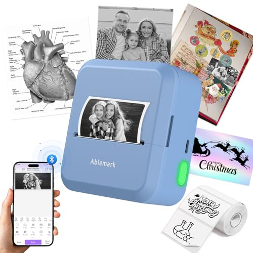 Ablemark Mini Impresora Termica, Mini Bluetooth Impresora Etiquetas Adhesivas con 1 Rollo de Papel, Mini Impresora Portatil para Movil para El Aprendizaje, Notas, Stickers, Fotos DIY(12-50mm)