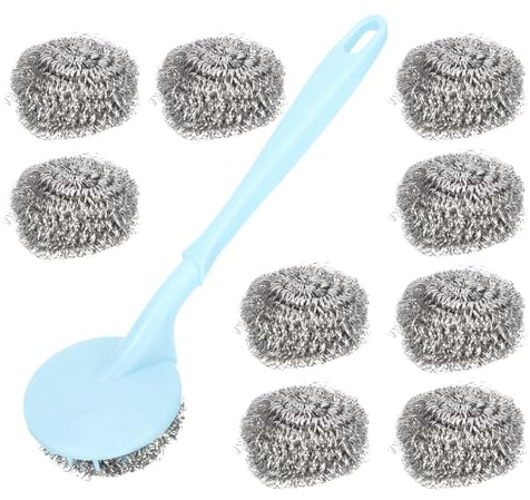 BATHVEVE Stainless Steel Scrubber Pads with Handle Heavy Duty Metal Dish Brush for Pot Pan Cleaning Rust-Resistant Wire Scrubbing Balls Kitchen Scouring Tools Small with Handle Random Color