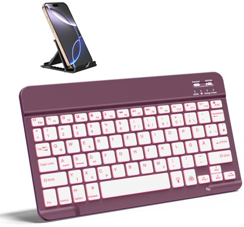 Vobafe Bluetooth Tastatur 7-Farbiges Beleuchtete Tastatur iPad, QWERTZ DE | mit Telefonhalter, Ultradünn Kabellose Tastatur für iPad/Tablet/Laptop/Smartphone (iOS/Android/Windows Systeme), Himbeere