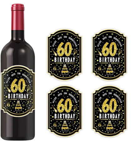 Elegante Weinetiketten zum 60. Geburtstag, Geschenkidee und Partydekoration, geeignet für Damen und Herren, Schwarz-goldene Aufkleber (24 Bögen)