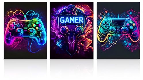 Dazzlewall 3Pcs Neon Gaming Wall Art Set, Vibrant Controller Posters for Boys Teen Game Room Bedroom Decor 12x16 in Unframed | Neon Controller Theme | Gamer Room Style | Fade-Resistant Canvas | Perfect for Teen Bedrooms