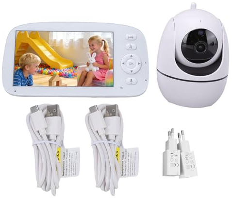 Domary Monitor para Bebés con Cámara y Audio Pantalla LCD de 5 Pulgadas Resolución HD 720P Panorámica e Inclinación de 360° Zoom 2X Visión Nocturna 35 Horas Tiempo (Enchufe Europeo 100-240V)