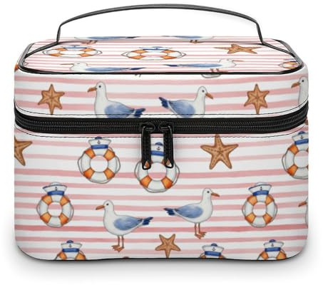 GemGam Makeup Bag Seagulls Lifebuoys Starfish Crabs Summer Cosmetic Bag for Women Beauty Zipper Makeup Organizer PU Leather Waterproof Toiletry Train Case
