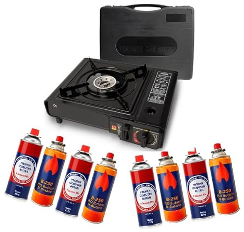 UBOON Hornillo de Gas Portátil con Maletín, Estufa de Camping, Metal, Compatible con Cartuchos Butano y Bombona, Protección contra Sobrecalentamiento (Incluye 8 Bombonas de Gas)